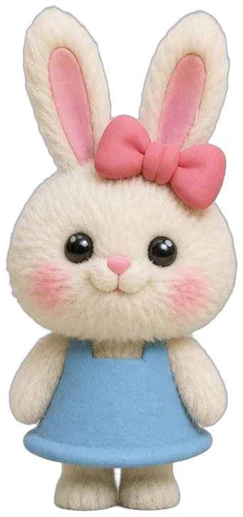 Lila, a fluffy white bunny with a pink bow and a sky-blue dress