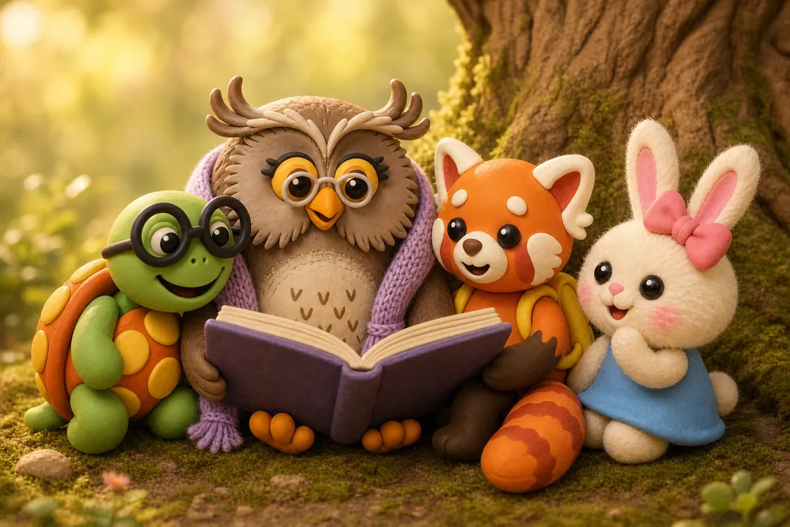 Granny Hoot reads a storybook to Bimble, Tamkin and Lila snuggled around her under the oak tree.